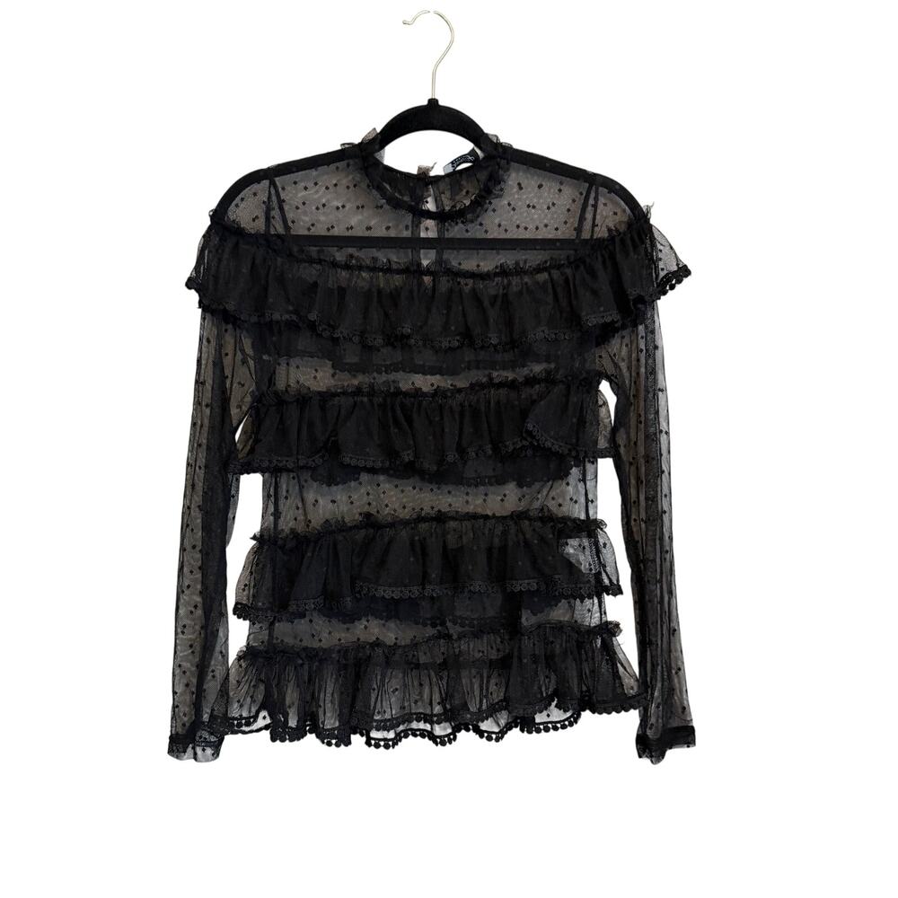 Danity Paris Blouse S Black Polka Dot Sheer Ruffles Whimsigoth Victorian Witchy